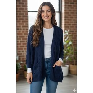 Polo Ralph Lauren Boxy Cable Knit Pima Cardigan Women M Navy Crop Sleeve Pockets